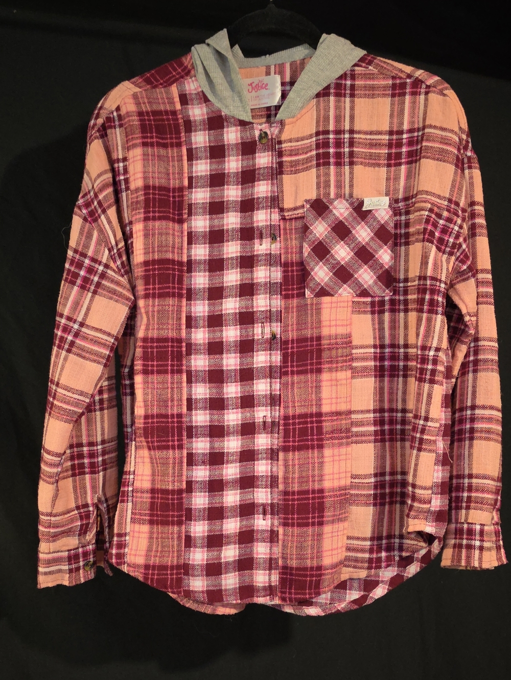 Justice Peach & Burgundy Plaid Hooded Button-Down Shirt